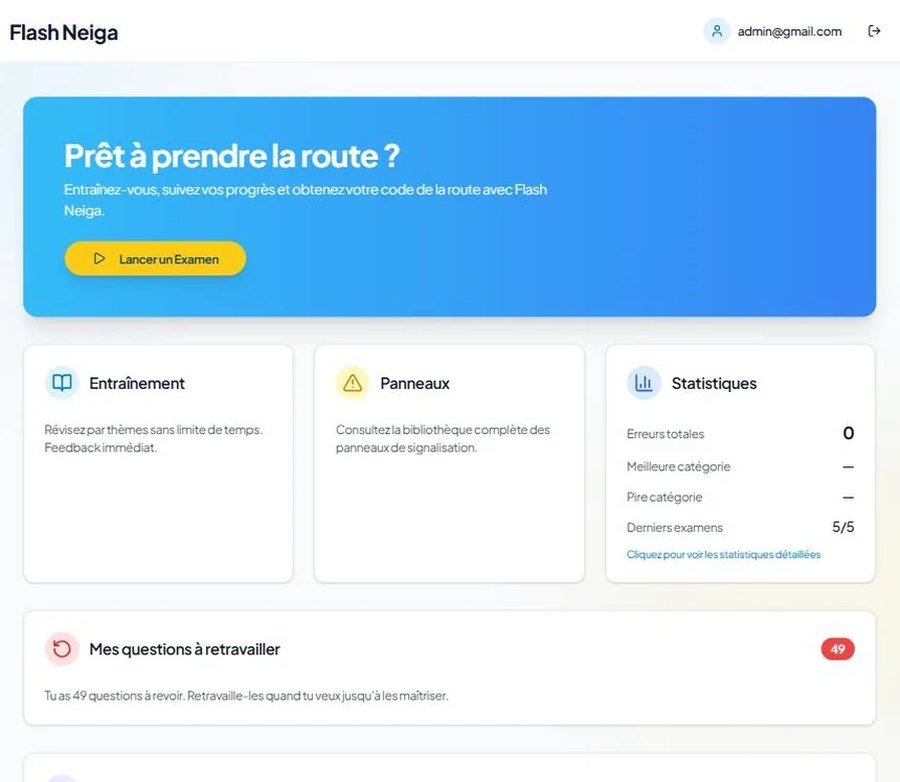 Tableau de bord de la plateforme Flash Neiga : entraînement, panneaux, statistiques et questions à retravailler.