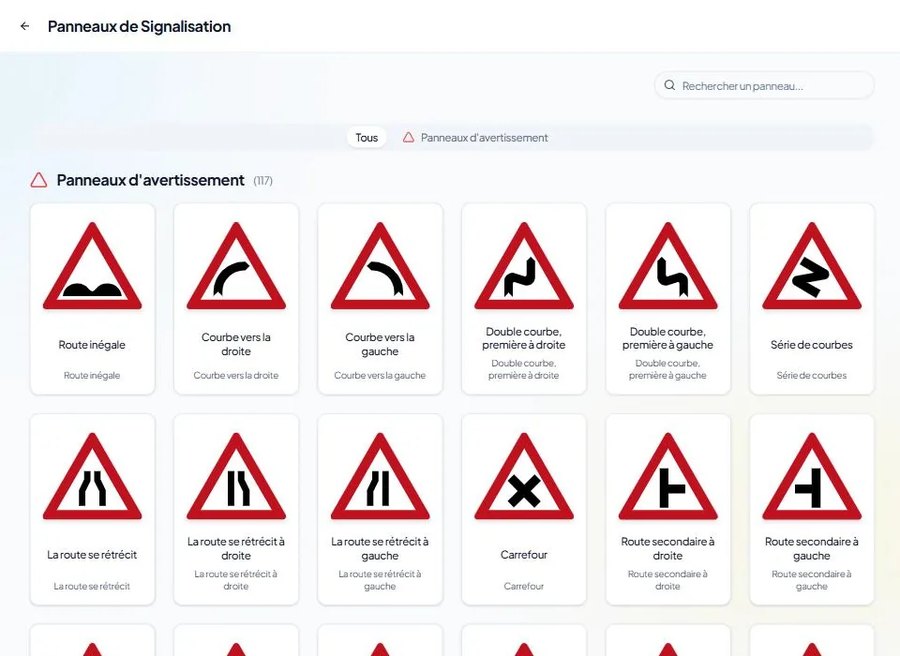 Bibliothèque des panneaux de signalisation israéliens expliqués en français dans l'application Flash Neiga